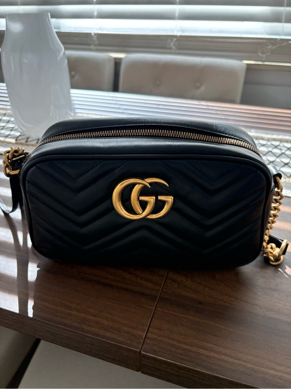 Gucci Black Leather GG Marmont Chevron Camera Bag with Gold Hardware